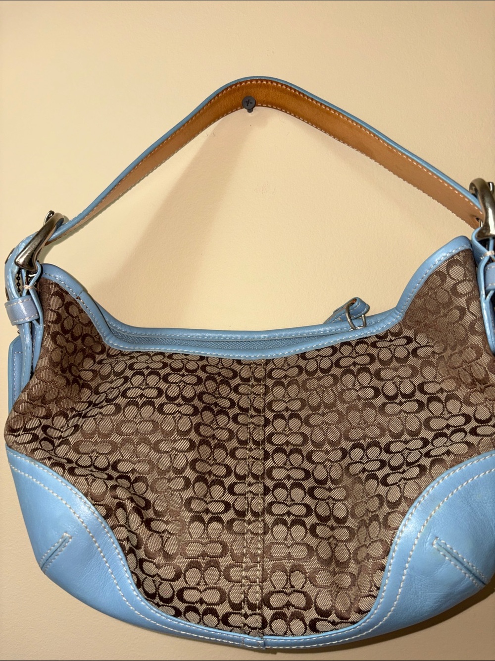 Coach Light Blue Leather-Trim Signature Hobo Bag